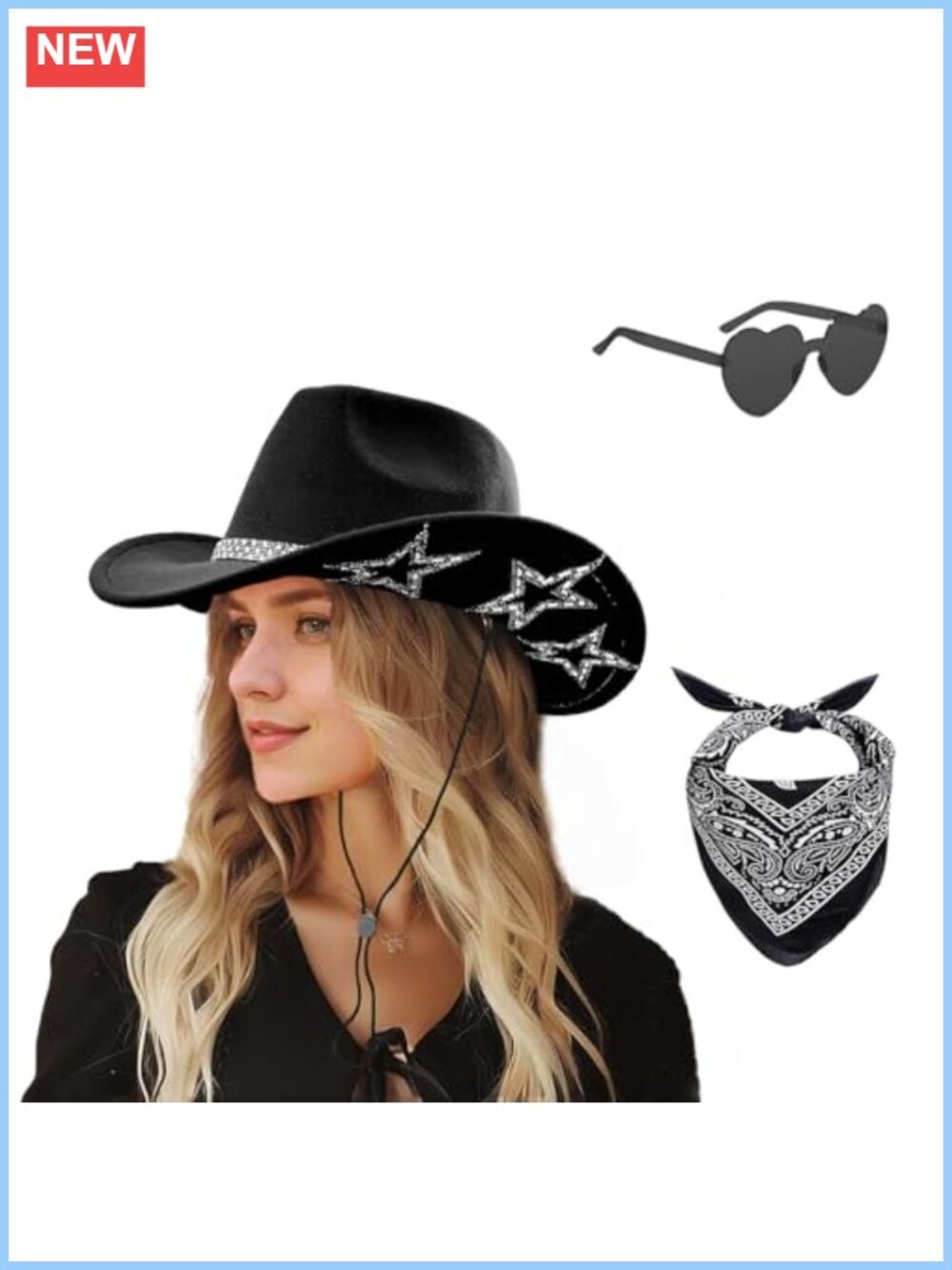 Felt Cowboy Hat, Bandana & Heart Sunglasses Set, Western Sparkly Cowgirl